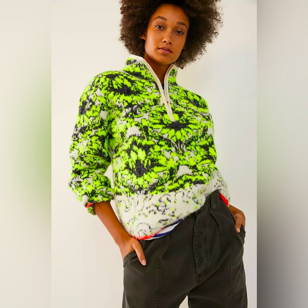 ANTHROPOLOGIE Cristina Fuzzy Neon Fleece Half Zip Pullover Sweater Sweatshirt - Picture 2 of 16